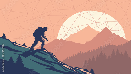 Hiking adventure illustration of a man climbing a mountain with a backpack in a nature landscape scene