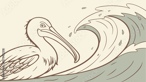 Pelican bird drawing on water wave illustration vector art design template stock image graphic 100