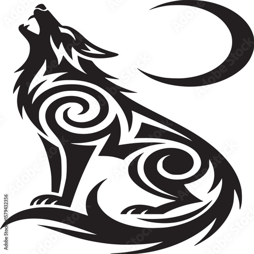 Stylized black wolf howling at a crescent moon in a tribal tattoo design on a white background