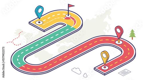 Isometric road trip planner with destination pins and flag, travel route and journey concept design vector