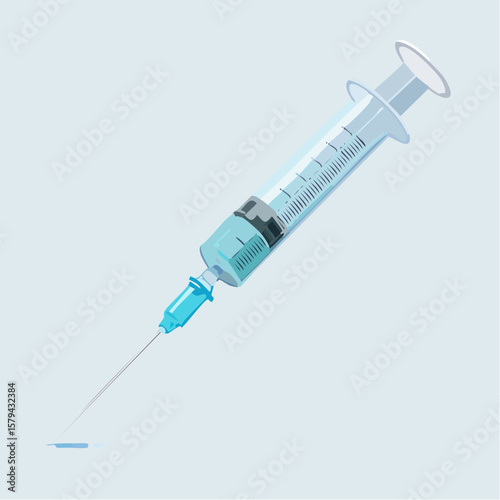 A Single Disposable Syringe with Light Blue Liquid Needle Extended Ready for Injection