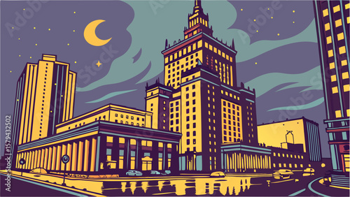 Cityscape at night art print featuring urban architecture and a crescent moon in a modern style design