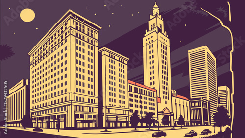 Cityscape skyline buildings downtown urban architecture at night with moon and stars illustration vector art