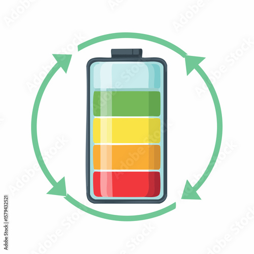 Colorful Battery with Recycling Symbol Showing Energy Levels