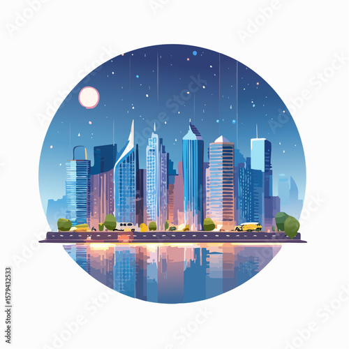 Colorful Cityscape Panorama in a Circular Frame