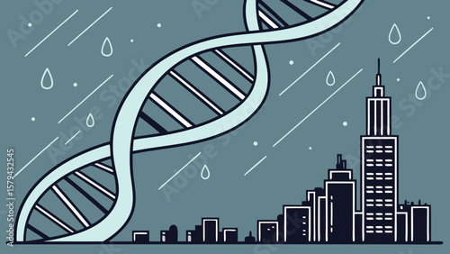 Dna helix over city skyline with rain illustration for science and technology presentations and education use