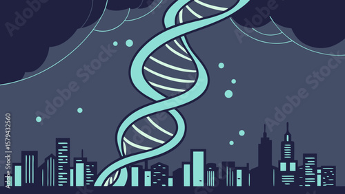 Dna helix structure science biology genetic code medicine research over city skyline and dark sky illustration