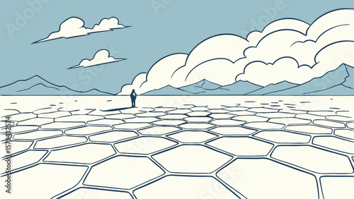 Man standing in vast hexagonal desert landscape with mountains and clouds in the distance art drawing
