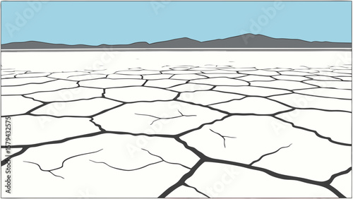 Dry lake bed landscape illustration cracked earth desert scenery arid climate drought background salt flats view