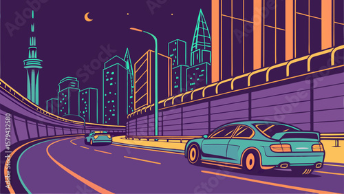 Cityscape night drive vector art illustration with cars on highway and urban skyline design for graphics