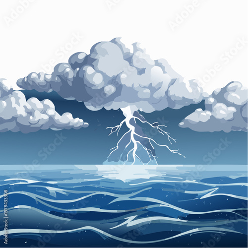 Dramatic depiction of an iceberg beneath stormy cloudy skies over ocean