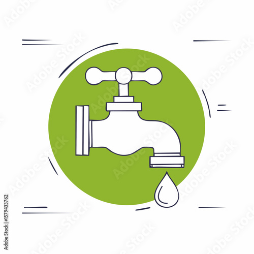 Simple Line Art Illustration of a Dripping Faucet in a Green Circle
