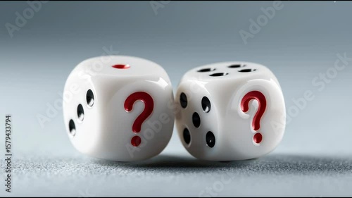 Uncertain Future: Two dice, each displaying a question mark instead of numbers, sit side by side, symbolizing uncertainty, chance, and the unknown.