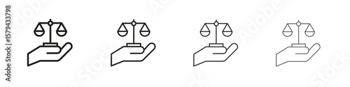 Justice scales in Hand icons in minimalistic thin line strokes designs