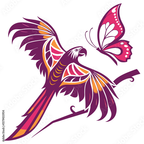Colorful Parrot and Butterfly Vector – Tribal Style Bird Illustration