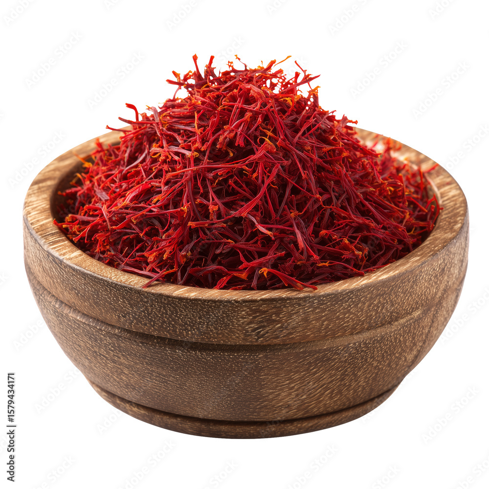 Naklejka premium Saffron Threads in a Wooden Bowl, Isolated on a Plain Background, High Quality Spice