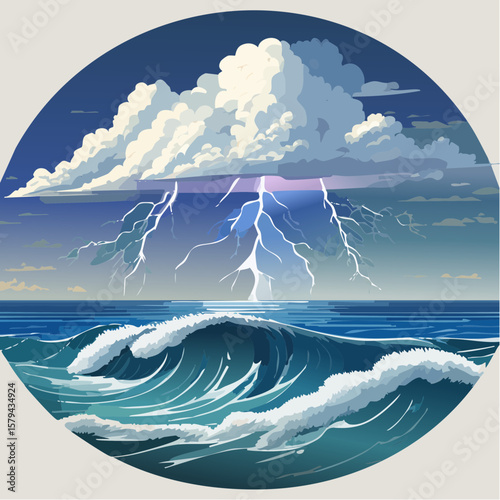 Stylized depiction of ocean waves mountains and dramatic clouds