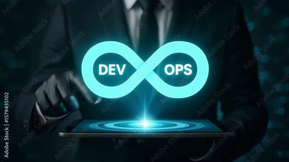 A suited professional wearing black gloves presents a glowing infinity loop reading dev and ops above a tablet. Concept of continuous integration.