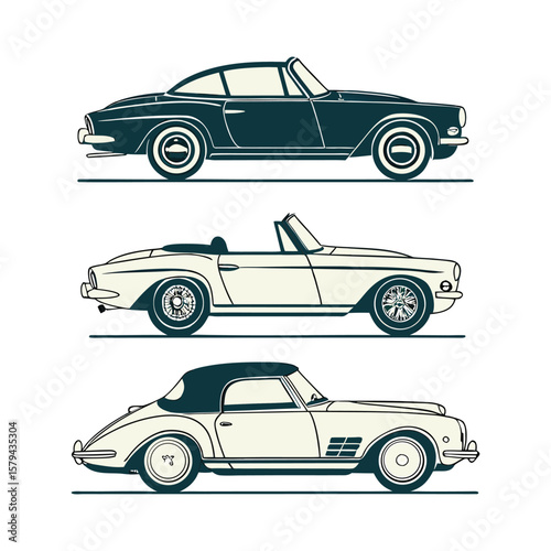Vintage automobiles in dark teal and cream vintage cars