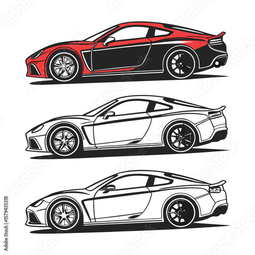 Sleek sports cars in red black and outline coupe white