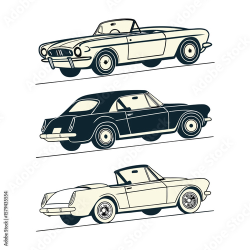 Vintage convertible automobiles in cream and navy vintage cars