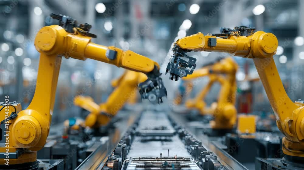 Robotic arms are efficiently working together on an assembly line in a ...