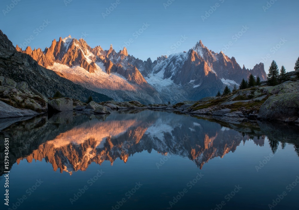 Fototapeta premium Beautiful mountain peaks with reflection in a lake at sunrise.