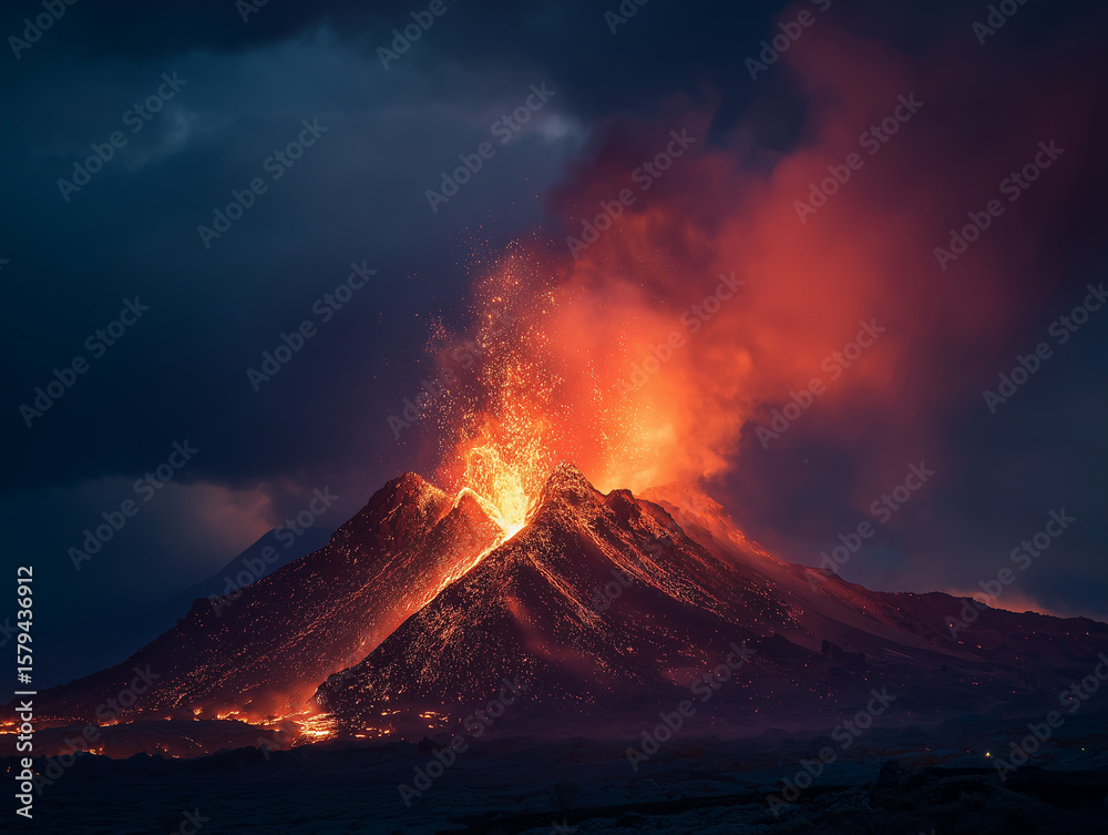 Fototapeta premium Volcano erupting at night with lava flow, cinematic HDR