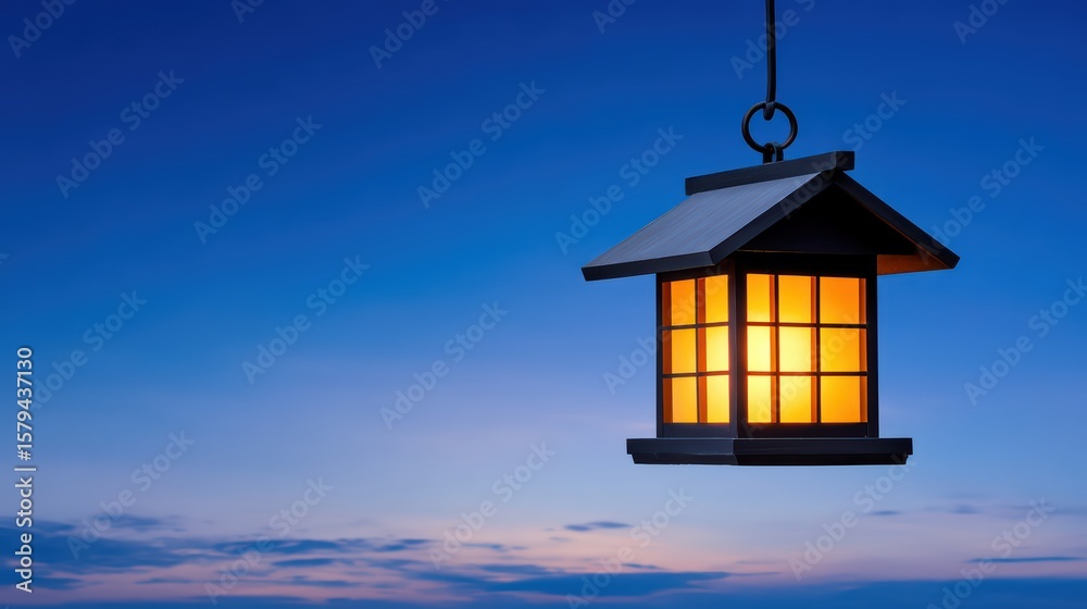Elegant Lantern Hanging Against a Beautiful Blue Sky at Dusk with Warm Light Illuminating the Evening Atmosphere Elegant Lantern Hanging Against a Beautiful Blue Sky at Dusk with Warm Light Illuminating the Evening Atmosphere