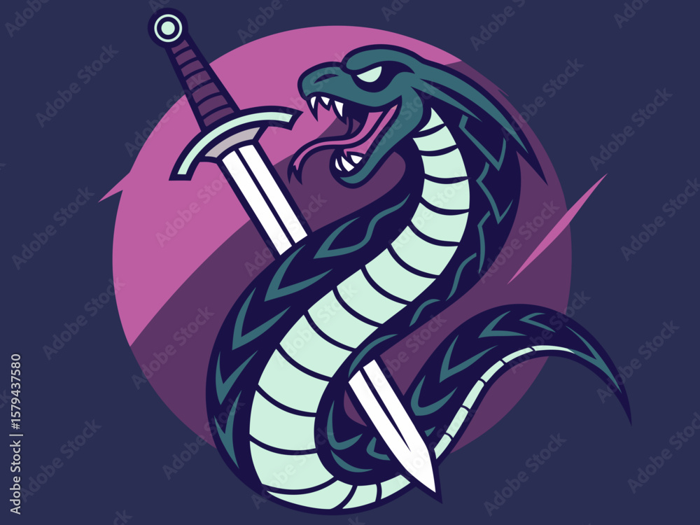 Naklejka premium Aggressive Snake and Sword Emblem, Ideal for Logos or Graphics