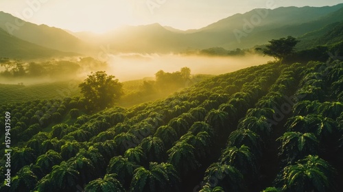 Aerial view coffee plantation. Beautiful view of Coffee plantation Misty Morning Sunrise. 