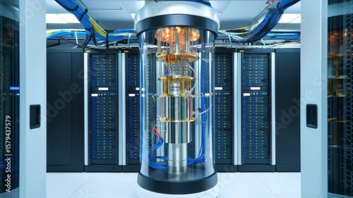 Explore the advanced features of a quantum computer housed in a sophisticated lab. Bright lights and intricate connections highlight the future of computing technology
