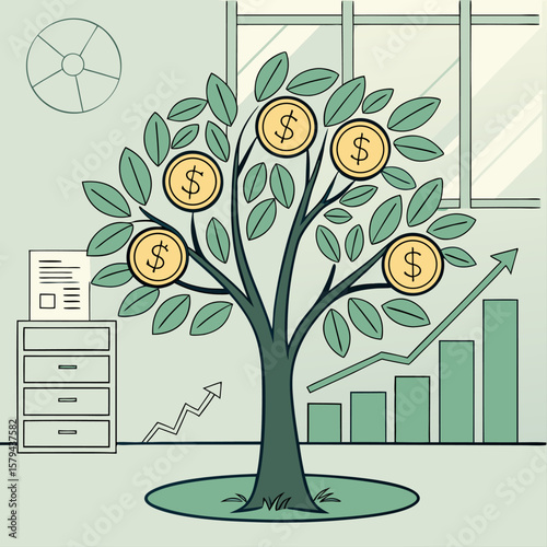 Office Money Tree – Business Profit and Financial Growth Illustration
