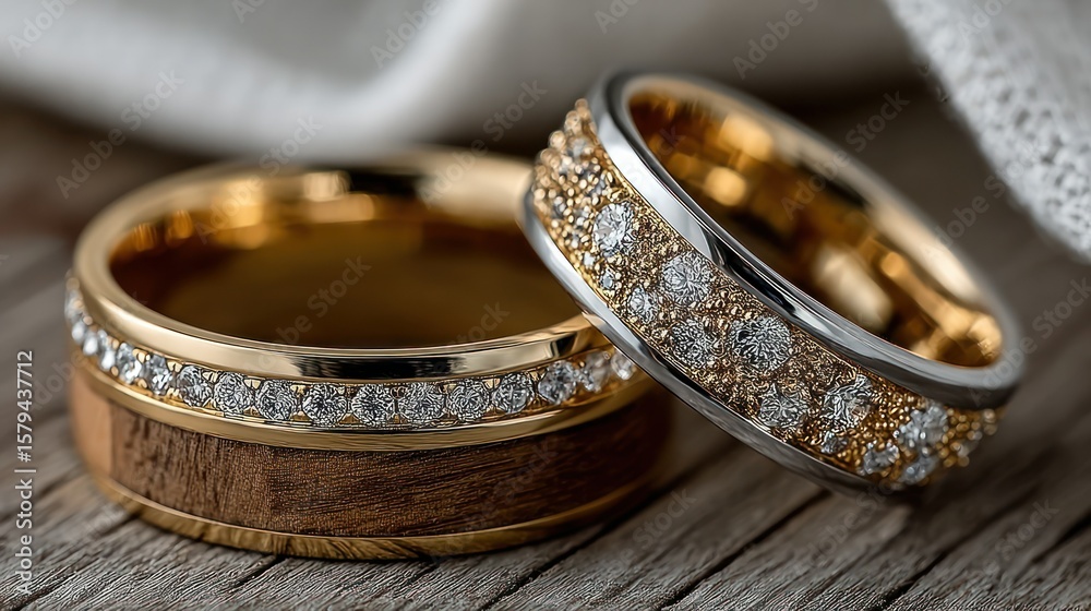 Two elegant wedding bands, featuring a gold and white metal band with a diamond encrusted edge and a wooden inlay Two elegant wedding bands, featuring a gold and white metal band with a diamond encrusted edge and a wooden inlay