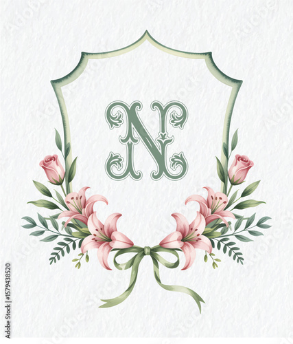 Watercolor elegant floral crest pink lilies and vintage ribbon wreath.