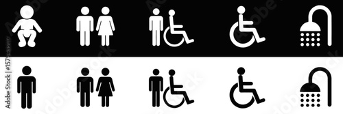 Four black and white restroom signs indicating accessibility men women and gender neutral restrooms are shown