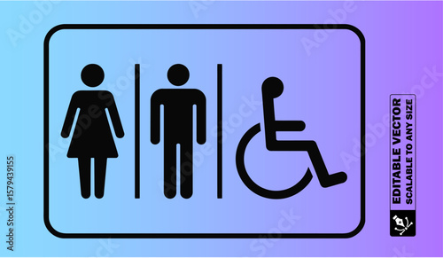 restroom signs including accessible unisex male and female icons on black and yellow squares