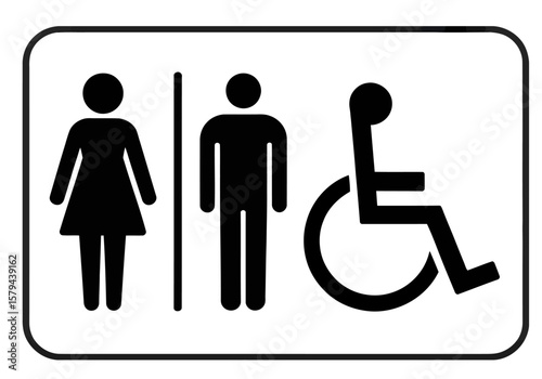 restroom signs including accessible unisex male and female icons on black and yellow squares