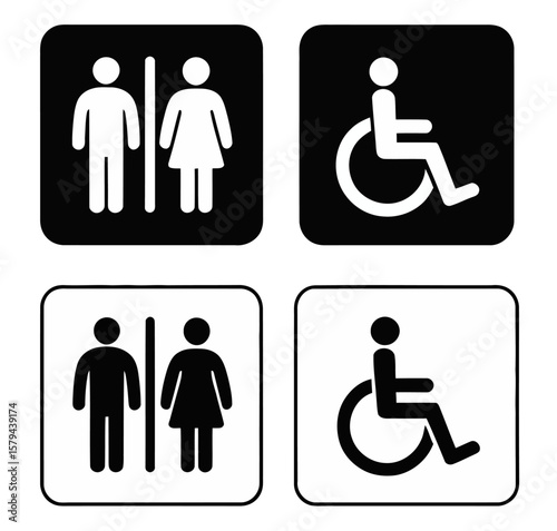 Four black and white restroom signs indicating accessibility men women and gender neutral restrooms are shown