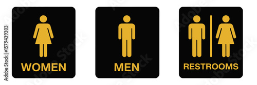 A black and white restroom sign with a woman and a man symbol separated by a vertical line