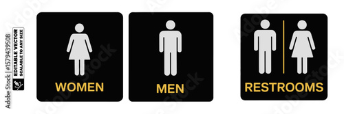 A black and white restroom sign with a woman and a man symbol separated by a vertical line