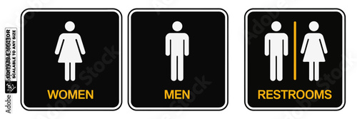 A black and white restroom sign with a woman and a man symbol separated by a vertical line