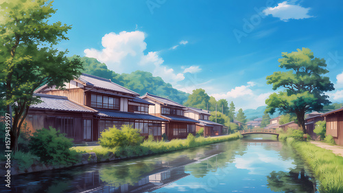Japanese village canal with traditional houses and bridge