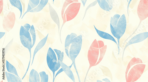 Retro floral seamless pattern featuring faded pastel tulips in soft blue and pink tones, creating vintage and delicate aesthetic. Perfect for wallpaper, fabric, or stationery design