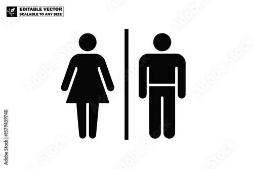 A black and white restroom sign with a woman and a man symbol separated by a vertical line