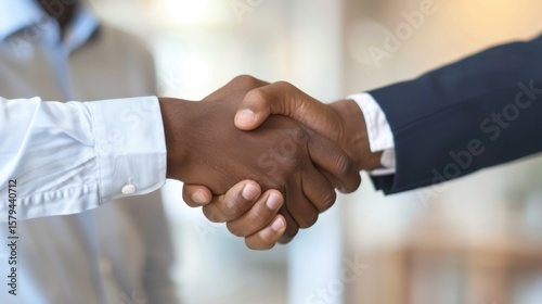 Two businessmen shaking hands indoors company success deal welcome hiring African American diversity