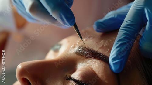 Dermaplaning facial treatment close-up with gloved hands on woman’s skin