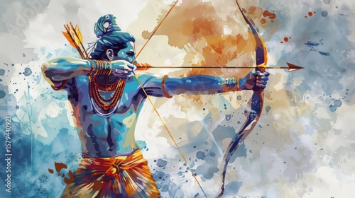Lord Rama with bow in battlefield symbolizing courage and virtue