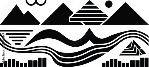Vector art of abstract geometric landscape with mountains, water, and sound waves in black and white.