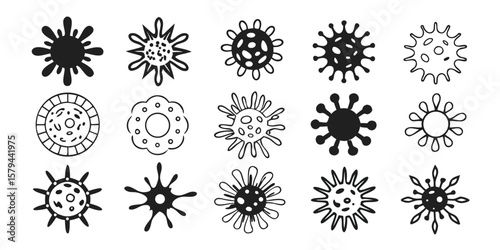 Collection of Twelve Herpes Virus Silhouette Variations for Scientific and Medical Designs on transparent background